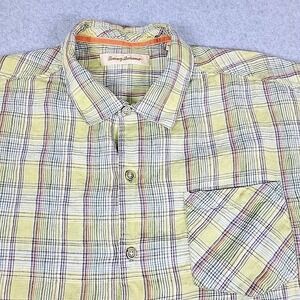 Tommy Bahama Shirt Mens Size XL Green Plaid Embroidered Short Sleeve‎ 100% Linen